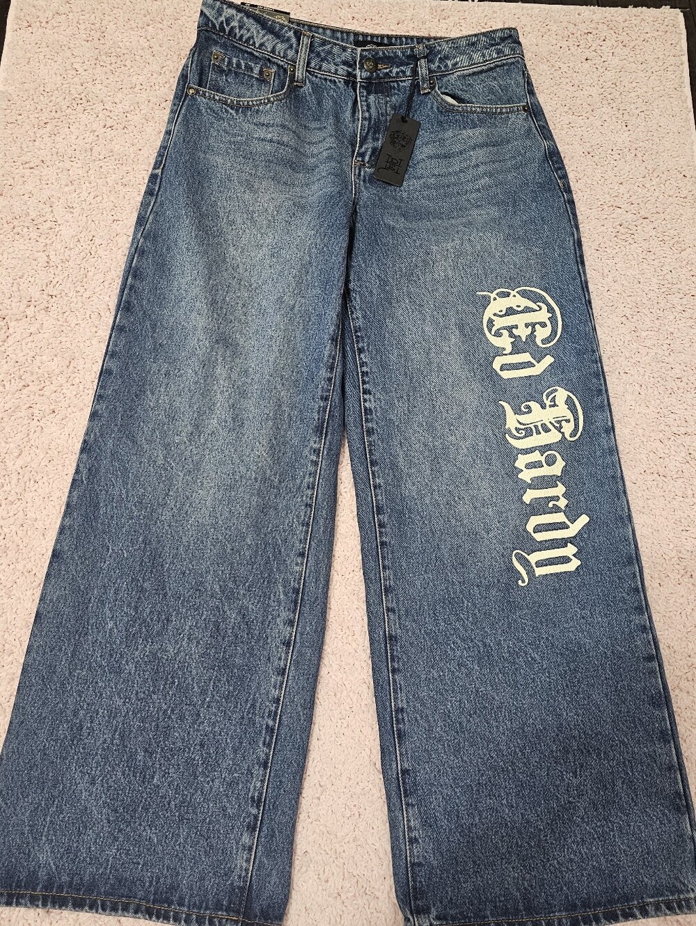 Ed HARDY women Size 30 Wide Leg Blue Jeans with Side Script
